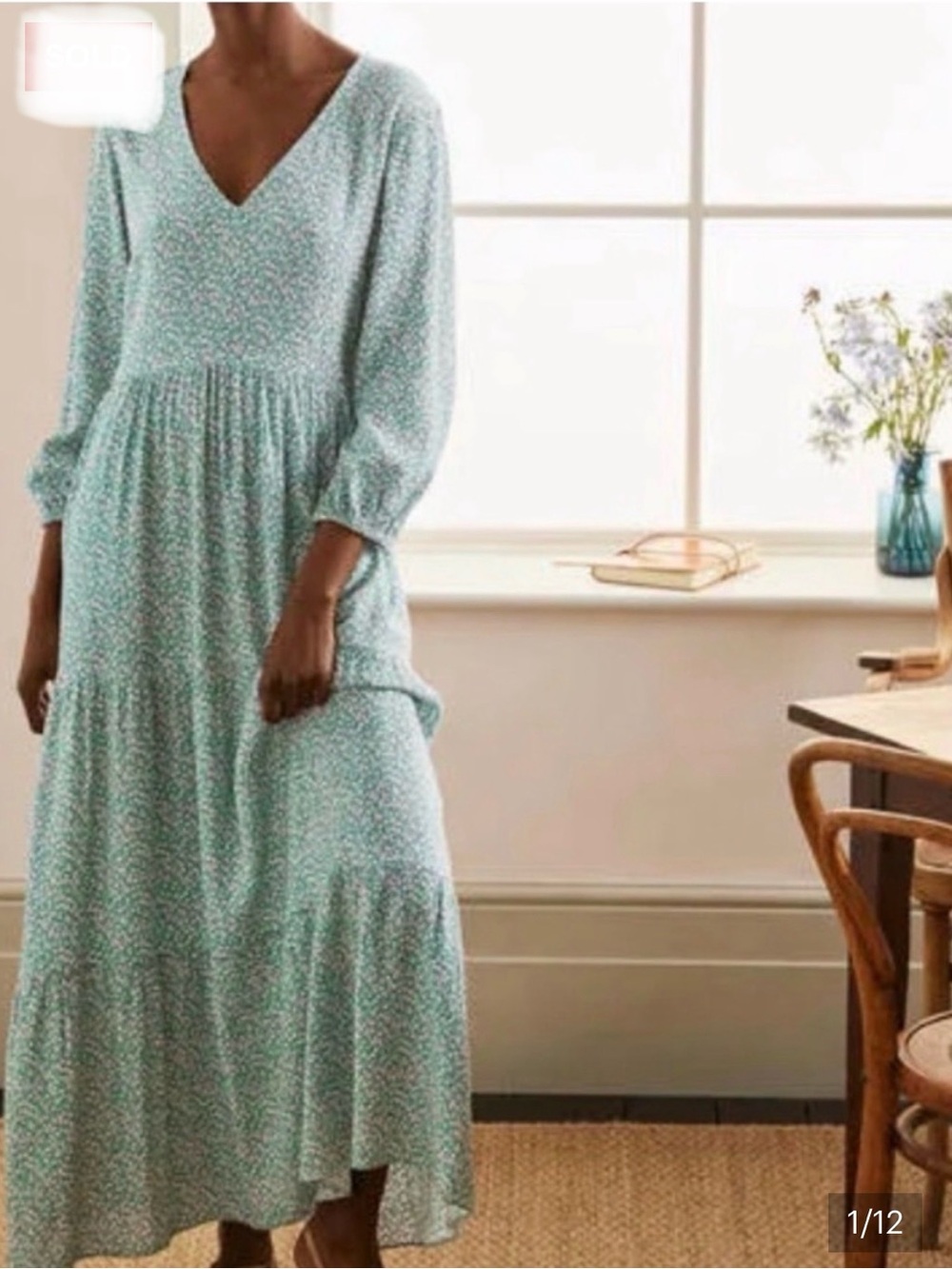 Boden tiered maxi dress, green and pink floral, 10R